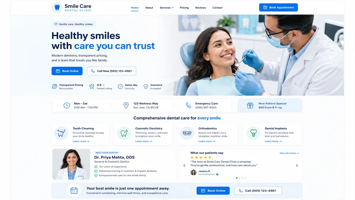 The Smile Care Dental Clinic website built with GoClickBuild