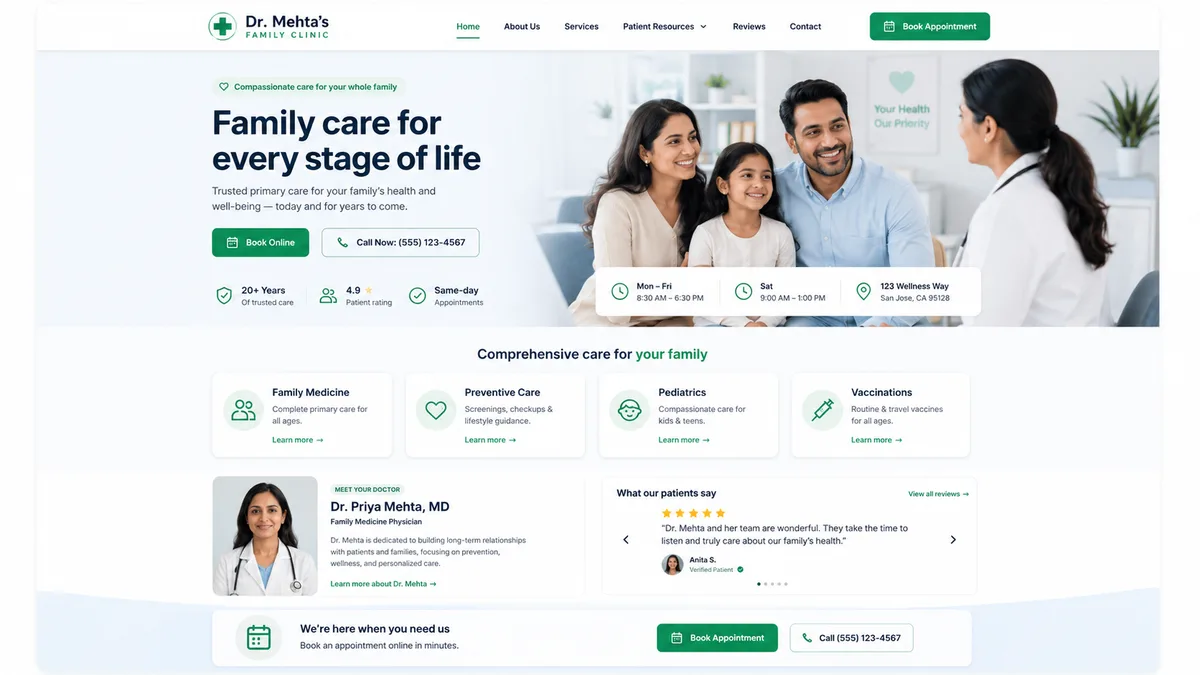 The Dr. Mehta's Family Clinic website built with GoClickBuild