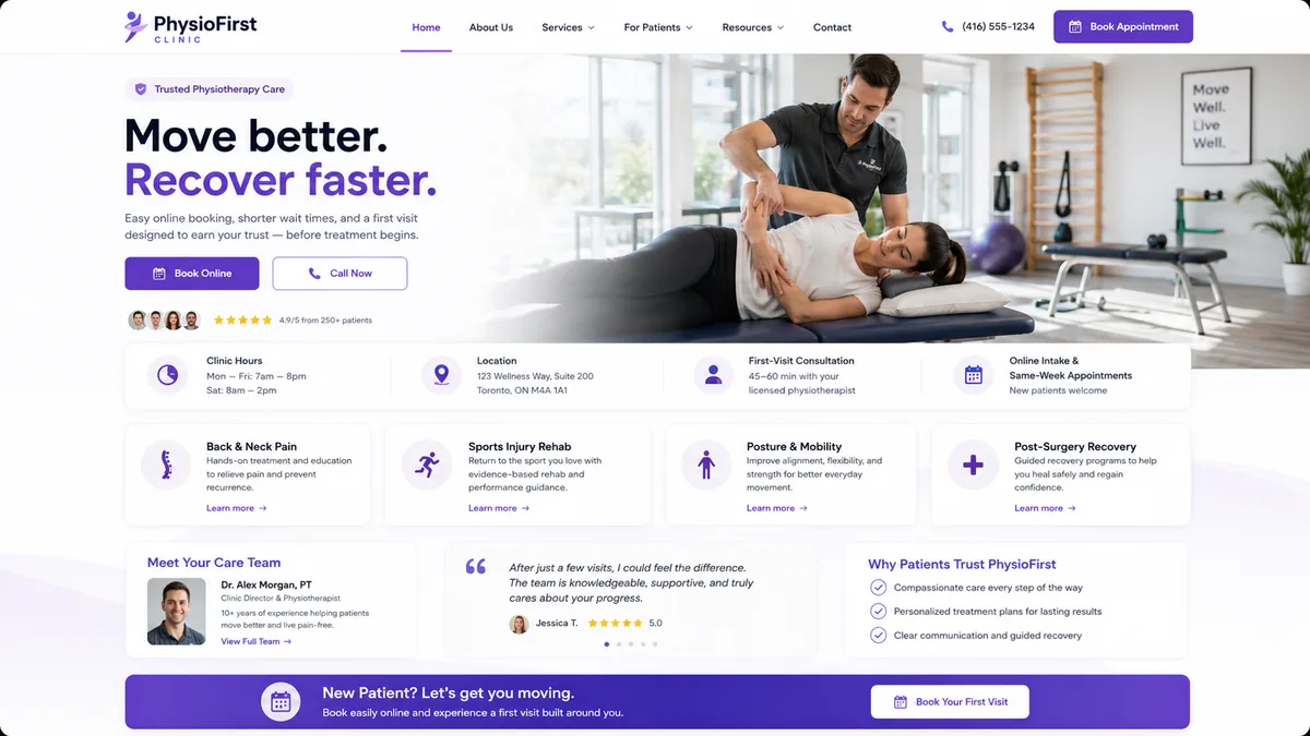 The PhysioFirst Clinic website built with GoClickBuild