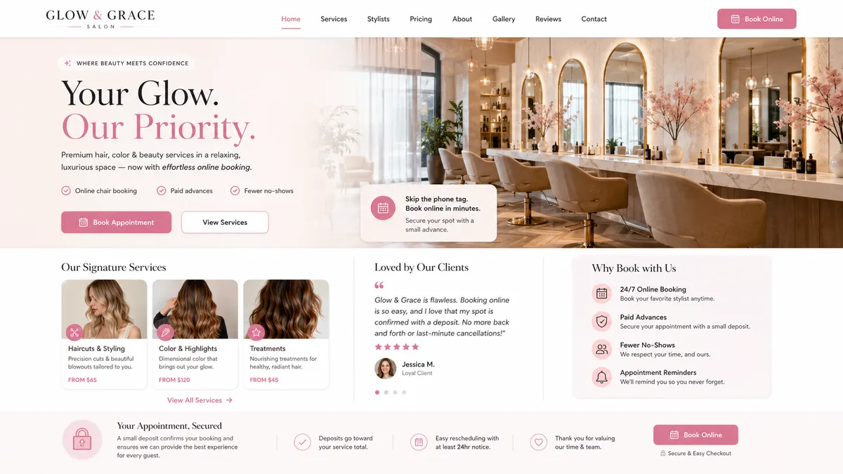 The Glow & Grace Salon website built with GoClickBuild
